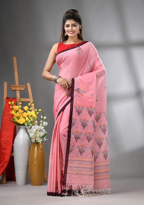 Peach Floral Print Cotton Saree Set