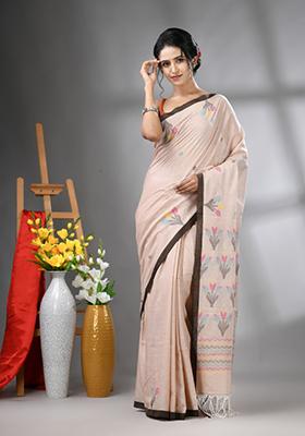 Ecru Floral Print Cotton Saree Set