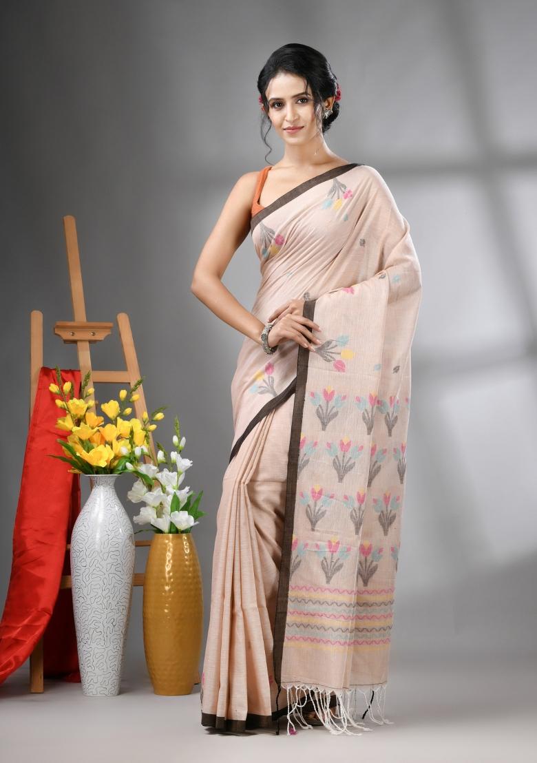 Ecru Floral Print Cotton Saree Set - Indya