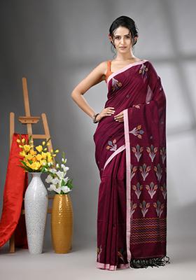 Purple Floral Print Cotton Saree Set
