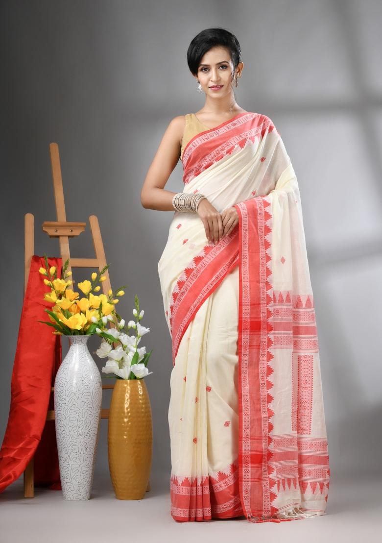 Off White Embroidered Cotton Saree Set