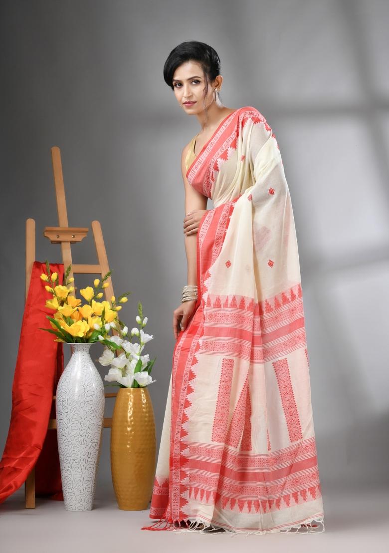 Off White Embroidered Cotton Saree Set