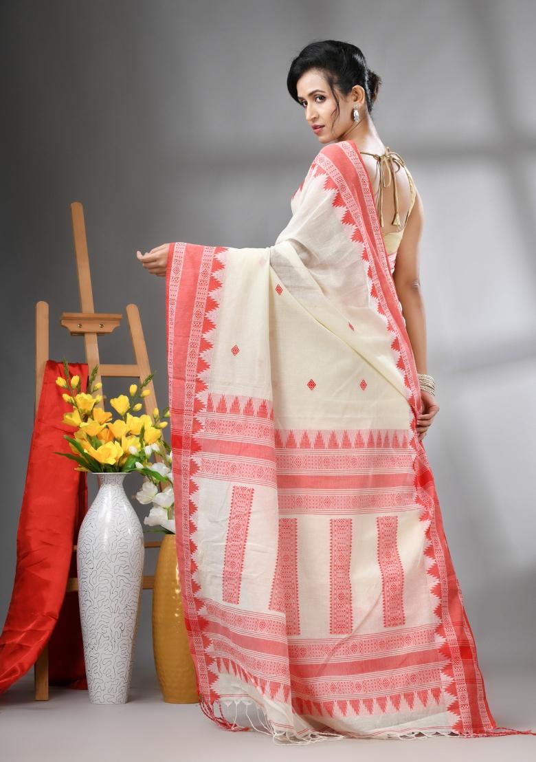 Off White Embroidered Cotton Saree Set