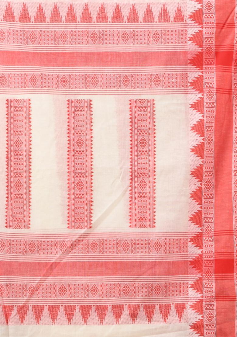 Off White Embroidered Cotton Saree Set - Indya