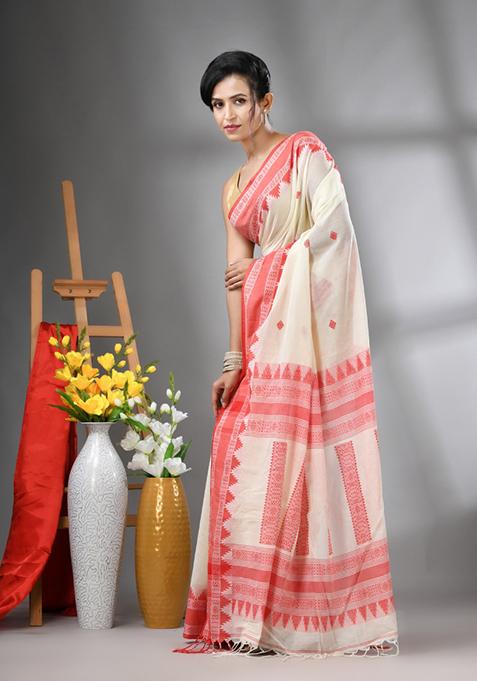 Off White Embroidered Cotton Saree Set