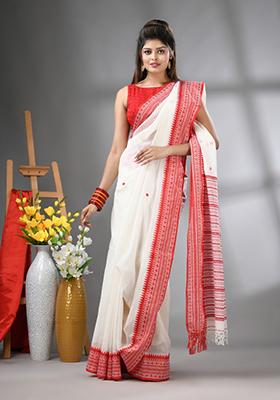 White Floral Print Cotton Saree Set
