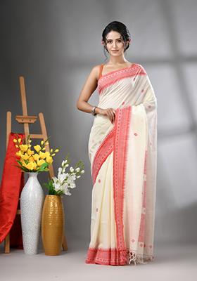 Off White Embroidered Cotton Saree Set