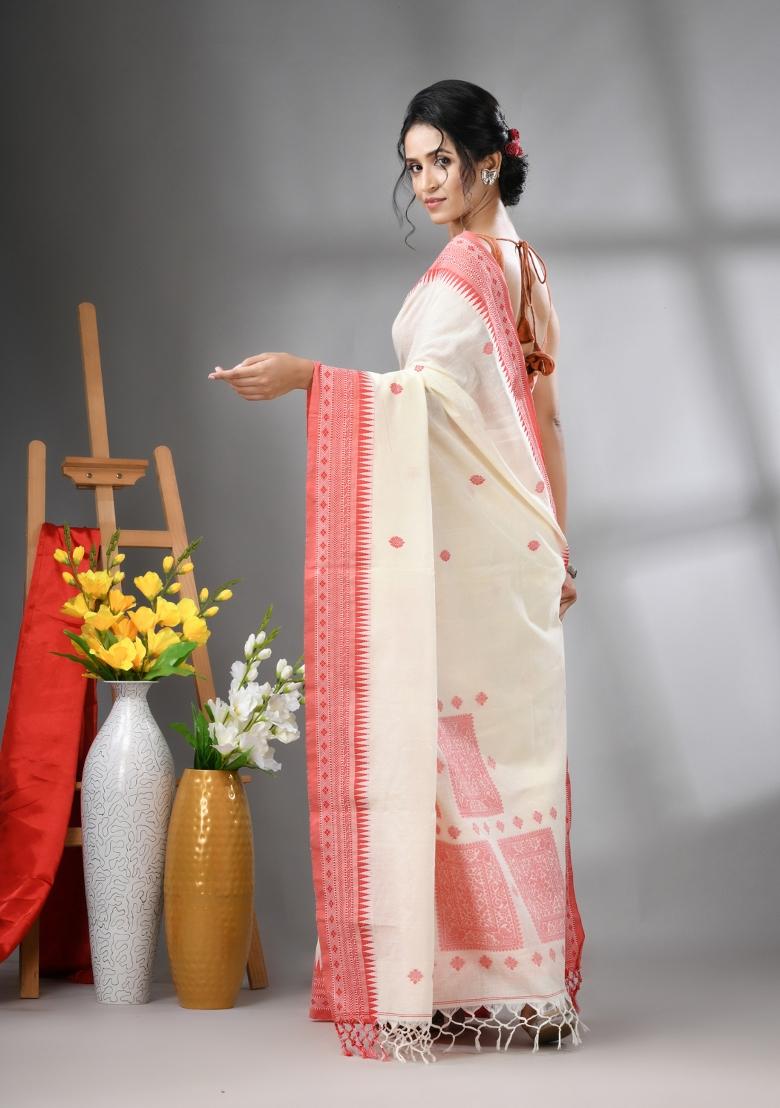 Off White Embroidered Cotton Saree Set