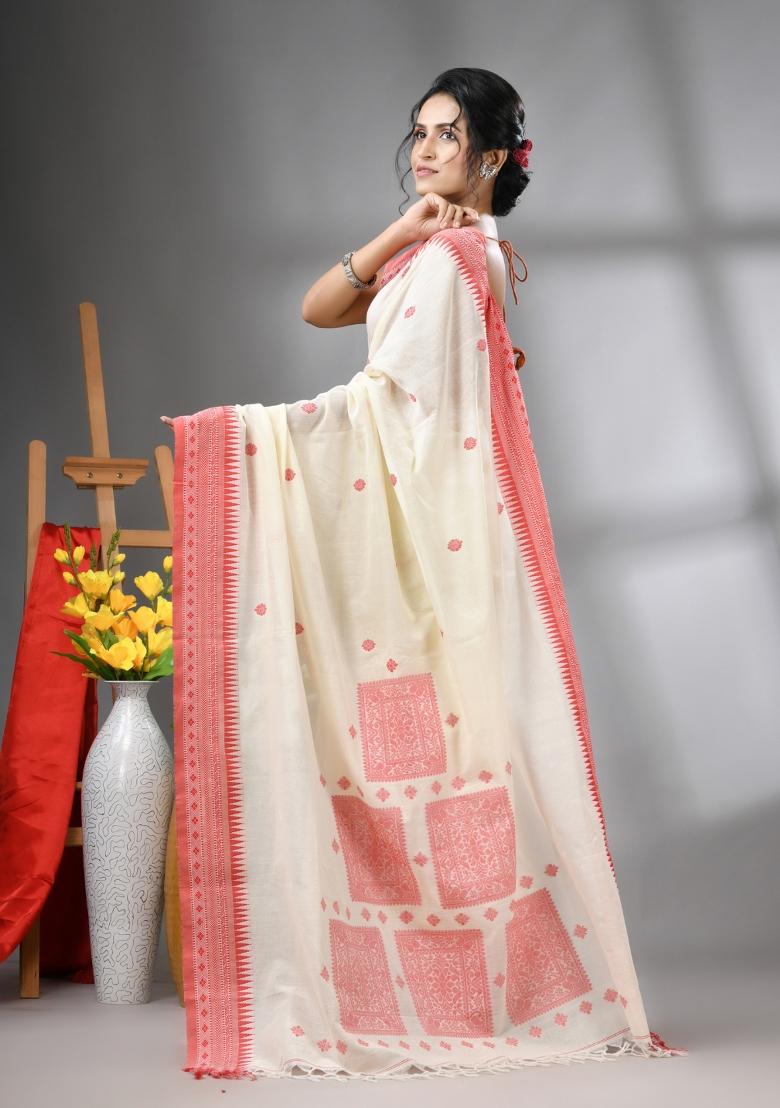Off White Embroidered Cotton Saree Set