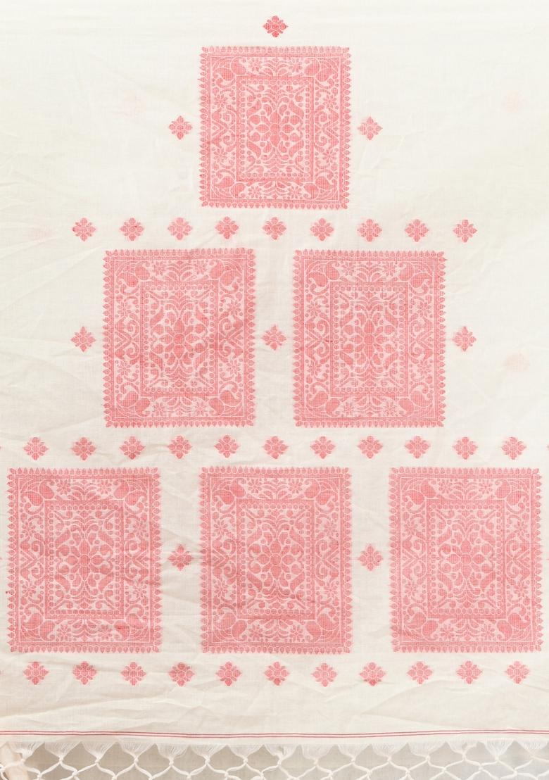 Off White Embroidered Cotton Saree Set - Indya