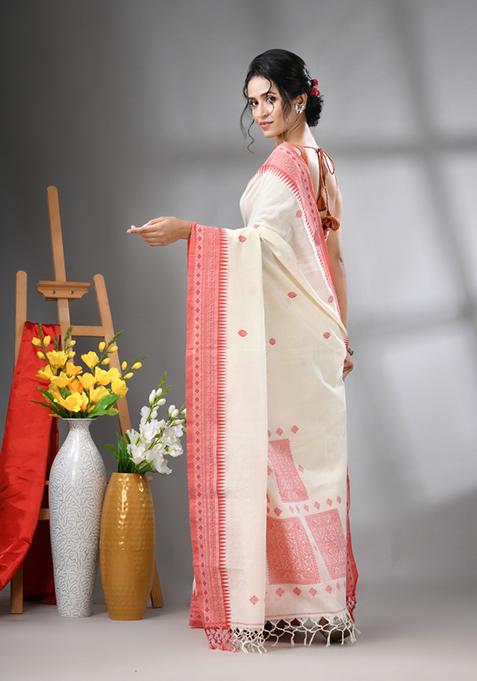 Off White Embroidered Cotton Saree Set