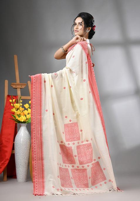 Off White Embroidered Cotton Saree Set
