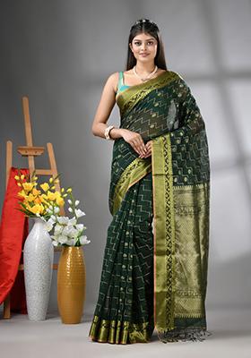 Bottle Green Embroidered Cotton Saree Set