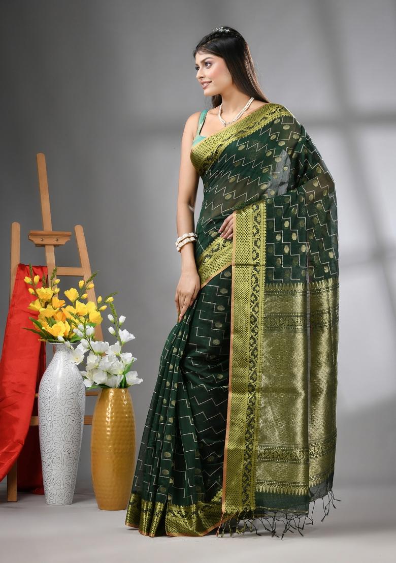 Bottle Green Embroidered Cotton Saree Set - Indya