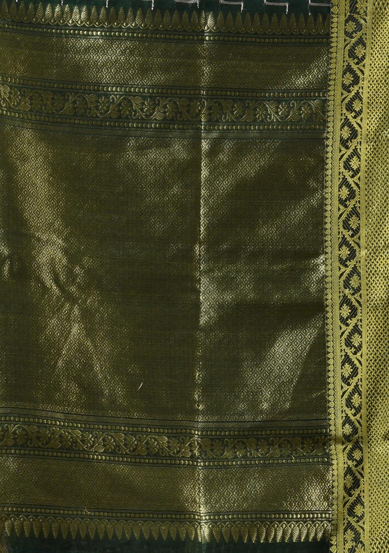 Bottle Green Embroidered Cotton Saree Set - Indya