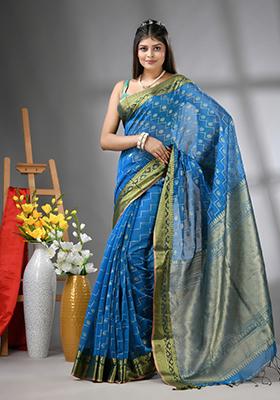 Sky Blue Embroidered Cotton Saree Set