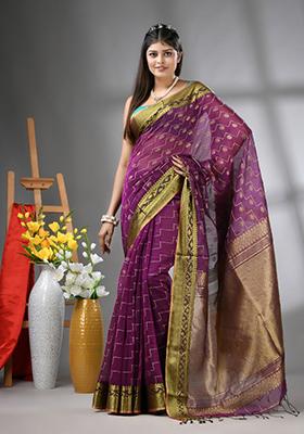 Purple Embroidered Cotton Saree Set