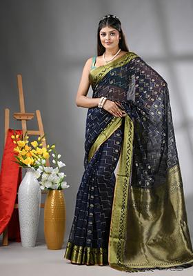 Navy Blue Embroidered Cotton Saree Set