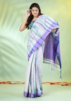 White Woven Cotton Saree Set