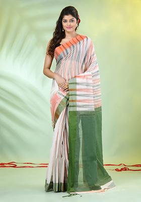 White Woven Cotton Saree Set