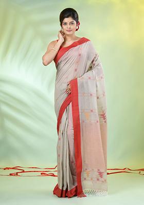 Beige Embroidered Cotton Saree Set