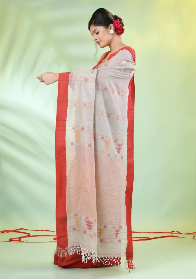 Beige Embroidered Cotton Saree Set - Indya