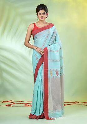 Sea Green Embroidered Cotton Saree Set