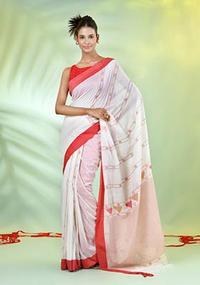 Off White Embroidered Cotton Saree Set