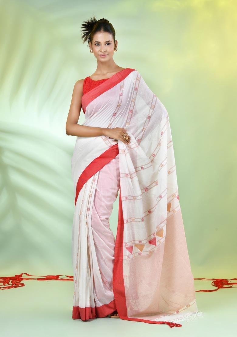 Off White Embroidered Cotton Saree Set