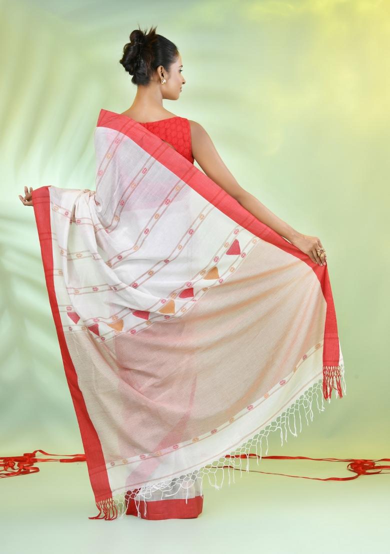 Off White Embroidered Cotton Saree Set