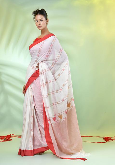 Off White Embroidered Cotton Saree Set