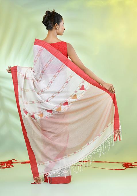 Off White Embroidered Cotton Saree Set