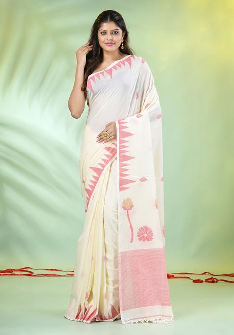 Cream Embroidered Cotton Saree Set