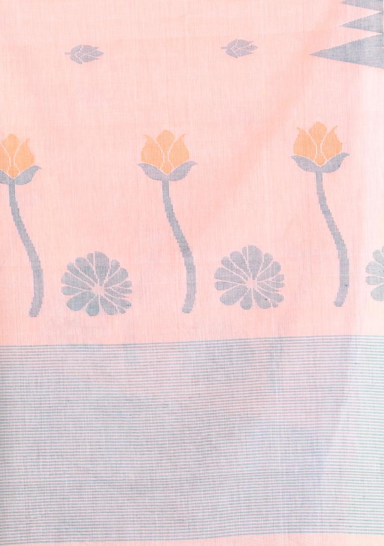 Peach Embroidered Cotton Saree Set - Indya