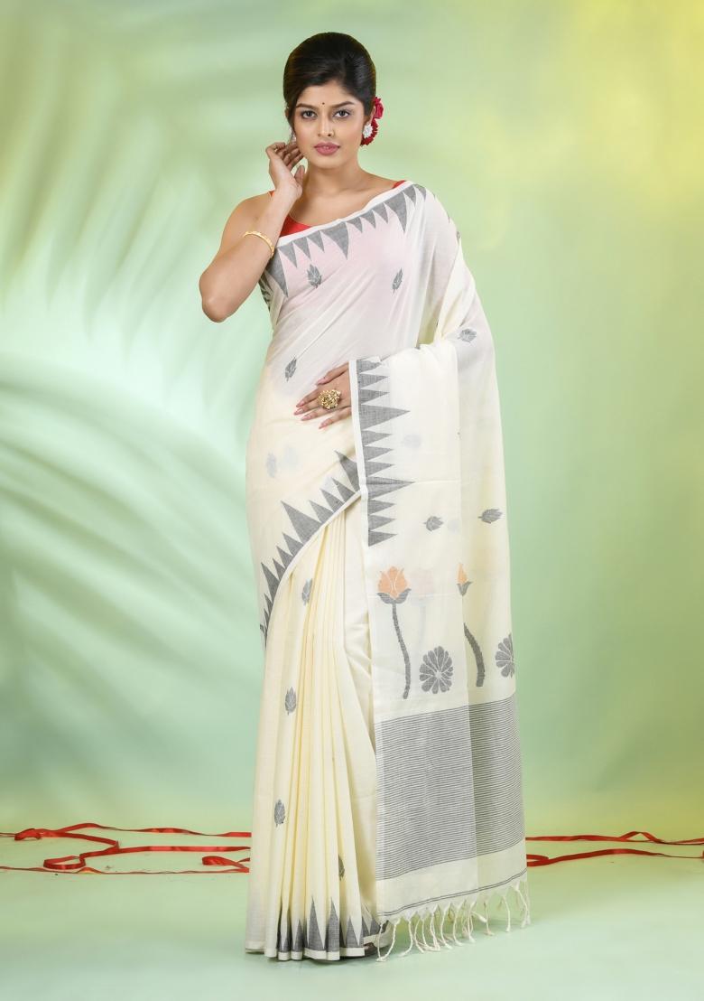 Off White Embroidered Cotton Saree Set