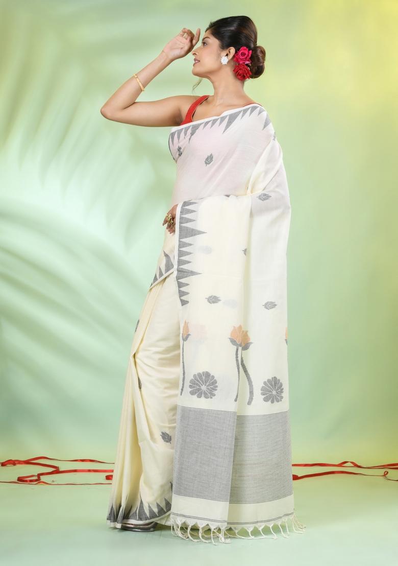 Off White Embroidered Cotton Saree Set