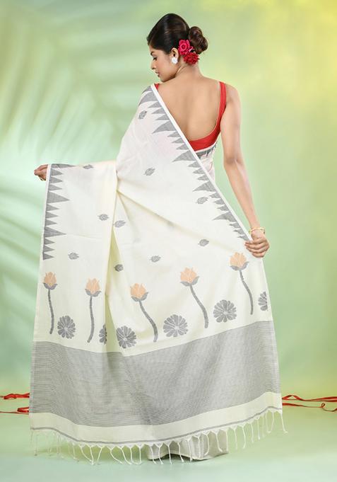 Off White Embroidered Cotton Saree Set