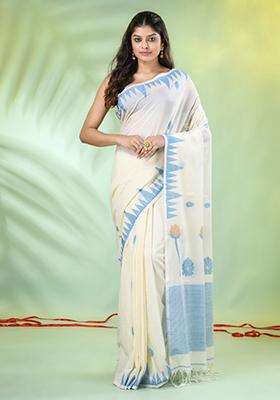 Off White Embroidered Cotton Saree Set