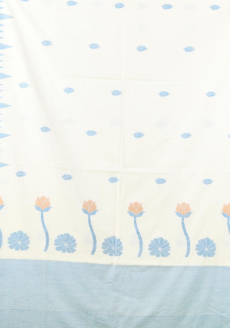 Off White Embroidered Cotton Saree Set - Indya