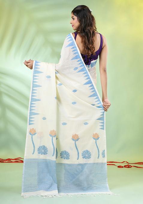 Off White Embroidered Cotton Saree Set