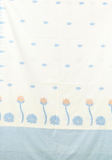 Off White Embroidered Cotton Saree Set