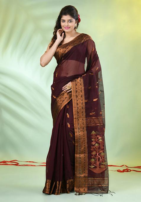 Brown Zari Work Cotton Saree Set