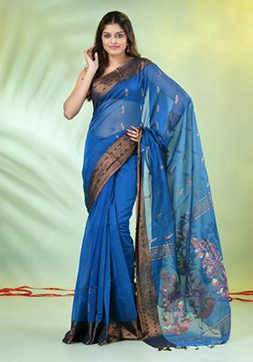 Cobalt Blue Zari Work Cotton Saree Set