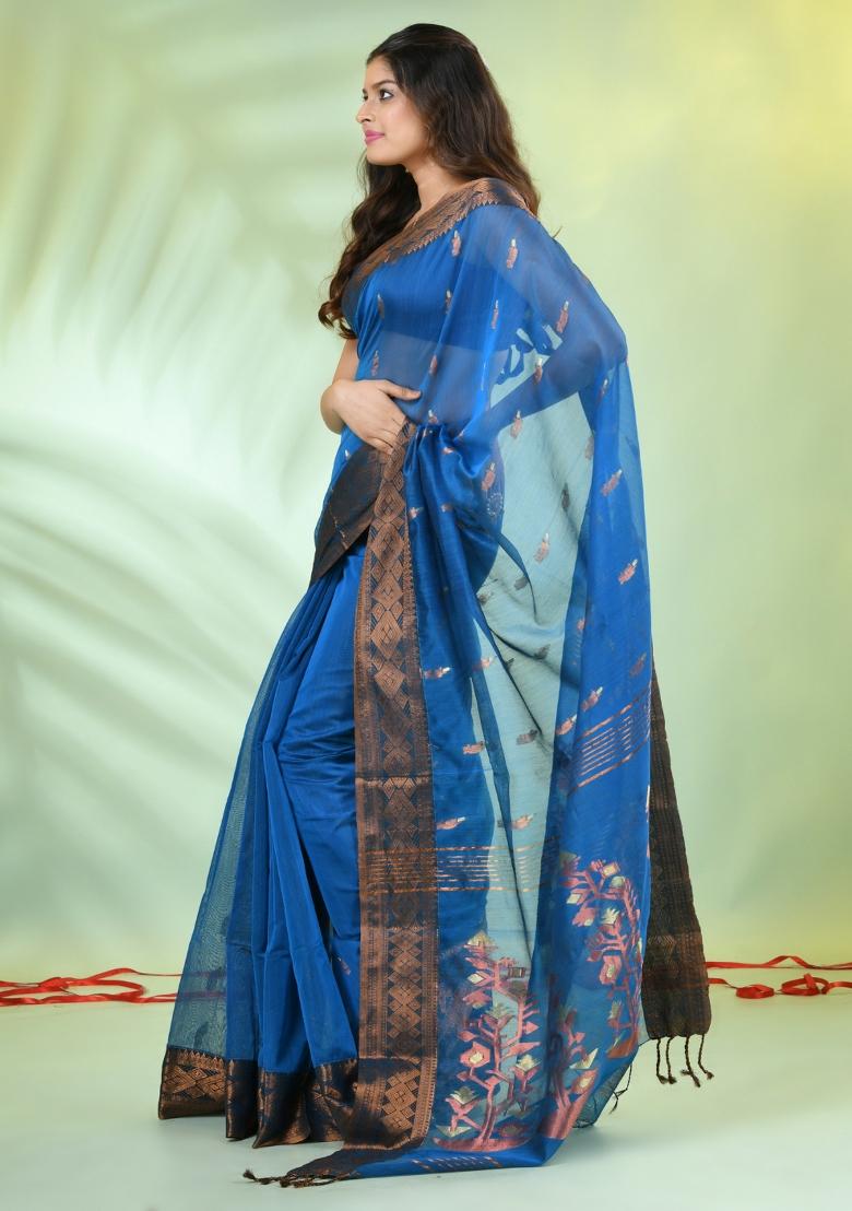 Cobalt Blue Zari Work Cotton Saree Set - Indya