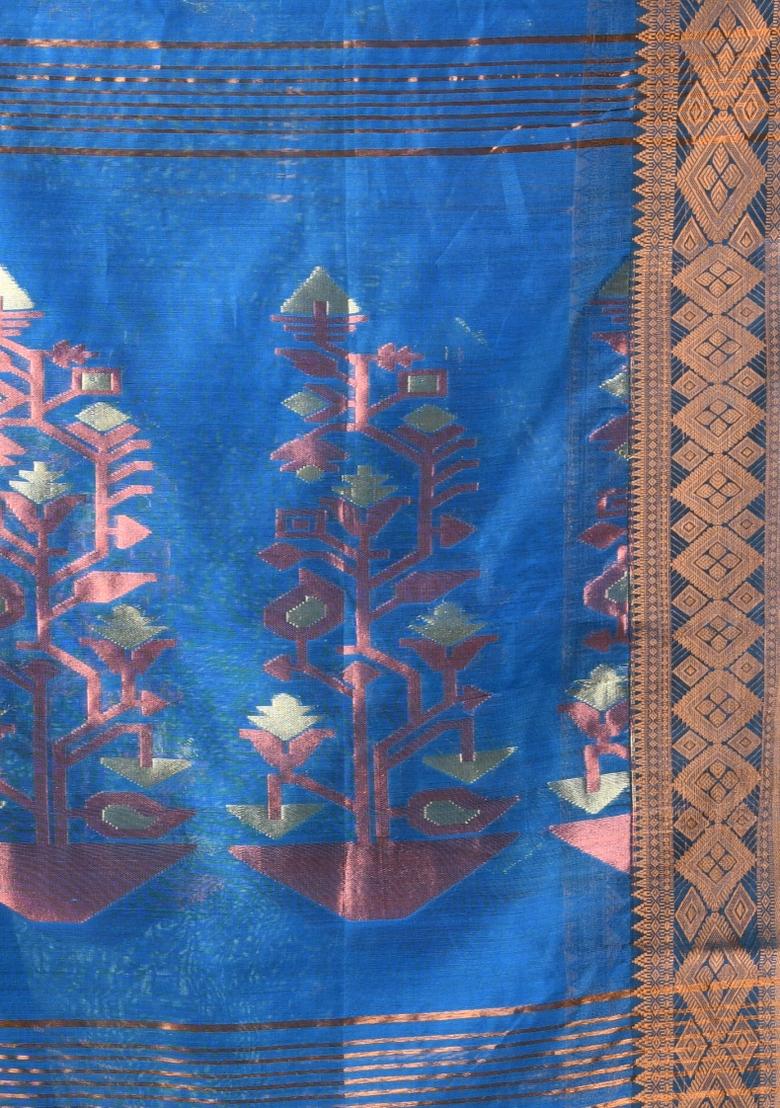 Cobalt Blue Zari Work Cotton Saree Set - Indya