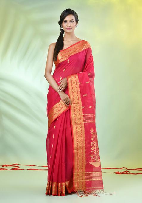 Fuchsia Pink Zari Work Cotton Saree Set
