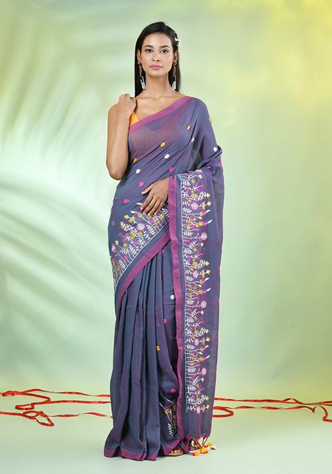 Grey Embroidered Cotton Saree Set