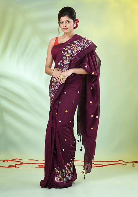 Burnt Burgundy Embroidered Cotton Saree Set