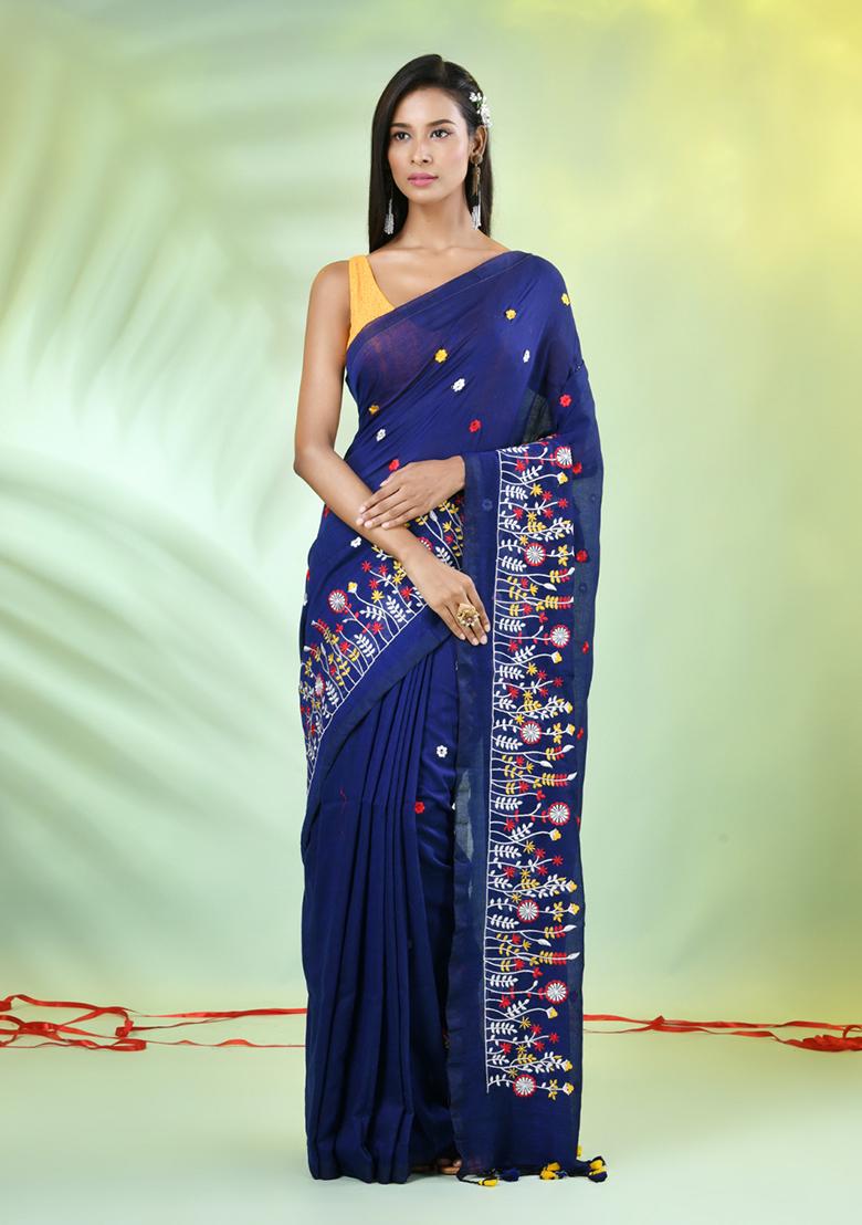 Blue Embroidered Cotton Saree Set - Indya
