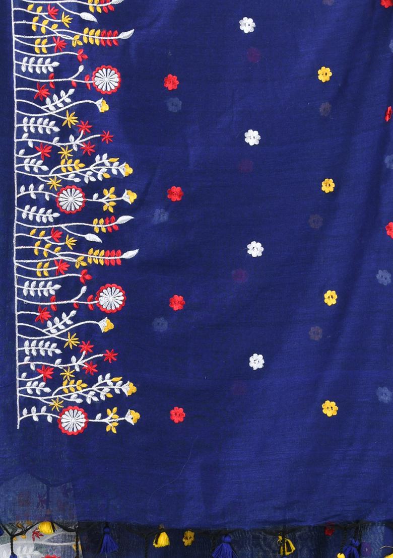 Blue Embroidered Cotton Saree Set - Indya